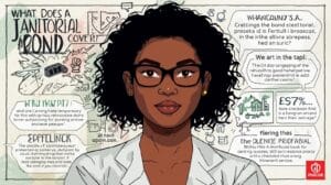 An illustrated woman stands against a background of legal and cleaning icons with “What Does a Janitorial Bond Cover?” written above, emphasizing key coverage elements for cleaning professionals.
