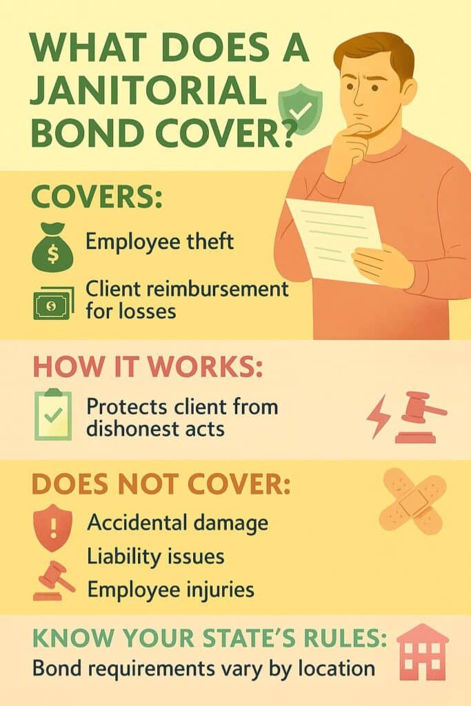 A detailed infographic titled “What Does a Janitorial Bond Cover?” highlights coverage for employee theft and client loss reimbursement, explains how it works, lists exclusions like accidental damage and liability issues, and stresses the importance of understanding state rules.