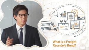 Illustration of a professional presenting freight broker bond requirements and industry role with icons for logistics and compliance.