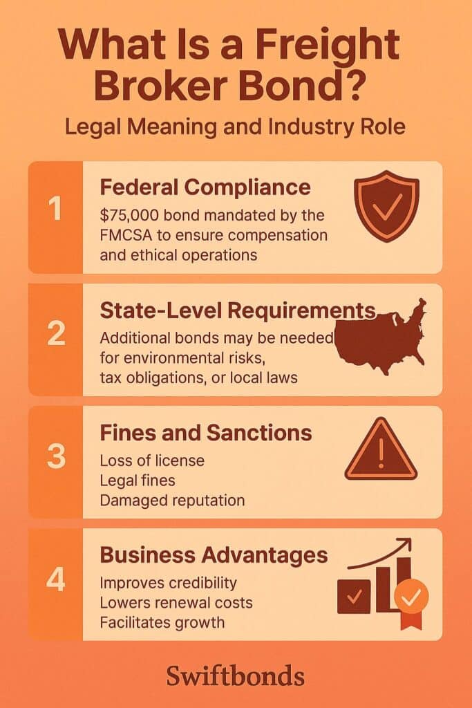 Infographic explaining freight broker bond legal meaning and industry role with compliance, state requirements, penalties, and business benefits.