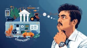Professional man imagining fuel tax compliance elements like government buildings, vehicles, and charts, symbolizing understanding of bond processes.