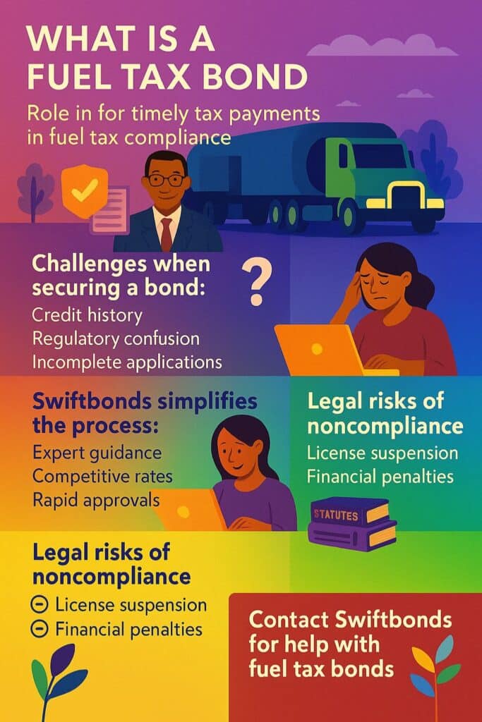 Colorful rainbow-themed infographic explaining what is a fuel tax bond, common challenges when securing the bond, Swiftbonds’ guidance, and legal risks of noncompliance.