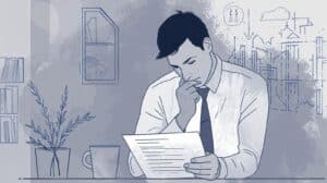Illustration of a mortgage lender carefully reviewing bond compliance paperwork, representing attention to legal details and financial documentation required for residential mortgage servicer bonds.