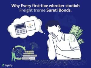 A worried man imagining a calculator and document, illustrating the importance of using a freight broker surety bond calculator to estimate expenses and avoid financial surprises.