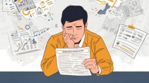 Illustration of a man in a mustard-colored suit reading a Virginia Money Transmitter Bond document surrounded by compliance charts and business reports.