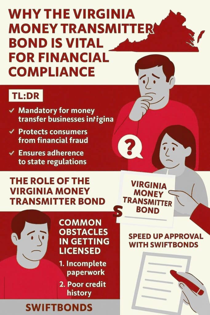 Informational infographic in Virginia’s red and gold theme explaining why the Virginia Money Transmitter Bond is vital for financial compliance, showing TL;DR points, common obstacles, and Swiftbonds’ guidance.