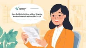 Friendly businesswoman holding a document titled 'Your Guide to Getting a West Virginia Money Transmitter Bond in 2025,' reflecting confidence and success in completing the bond application process with Swiftbonds.