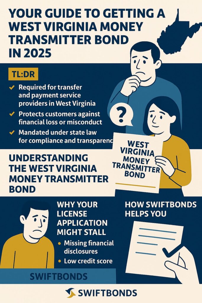 Informational infographic titled 'Your Guide to Getting a West Virginia Money Transmitter Bond in 2025,' using navy blue, gold, and white colors. It highlights key points such as licensing requirements, consumer protection, compliance with state laws, and Swiftbonds’ assistance in simplifying the bonding process.