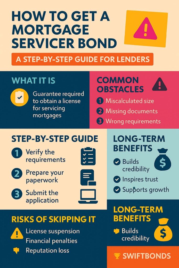 Colorful infographic explaining how to get a mortgage servicer bond, featuring steps, common challenges, and benefits for lenders, created by Swiftbonds.