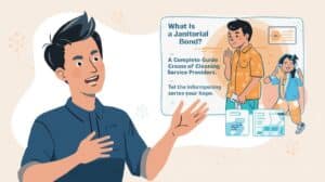 Animated man presenting information about janitorial bonds with a screen behind him showing a family and cleaning service icons, highlighting a complete guide for cleaning service providers.