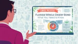 Person analyzing a digital dashboard displaying information about Florida vehicle dealer bonds, compliance steps, and licensing data, highlighting online application processes and requirements.