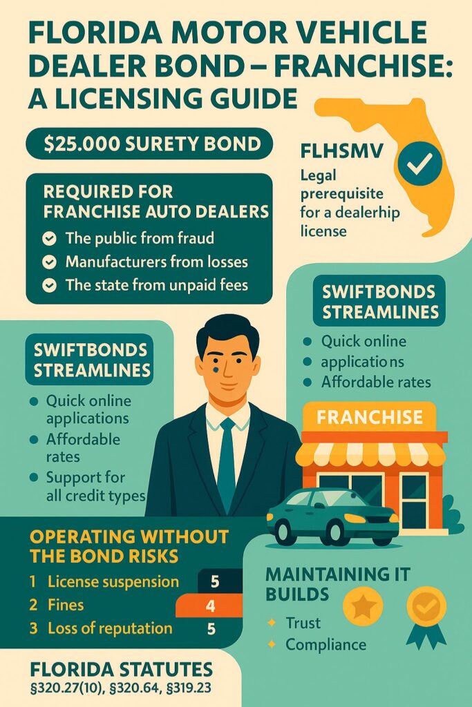 Infographic explaining the Florida Motor Vehicle Dealer Bond – Franchise, highlighting the $25,000 surety bond requirement, FLHSMV compliance, Swiftbonds’ simplified process, and benefits such as trust and licensing protection.