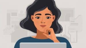 A confident woman using her computer, representing success in securing mortgage broker bonds online with low credit through trusted providers.