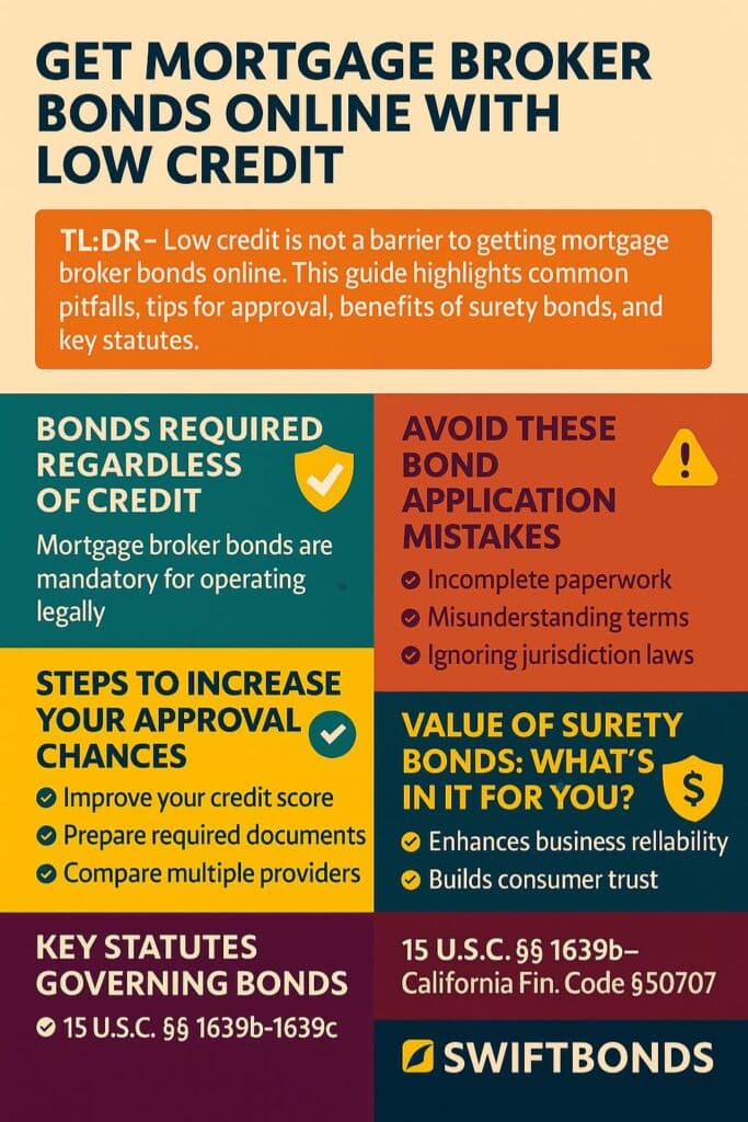 A professional infographic titled “Get Mortgage Broker Bonds Online With Low Credit,” summarizing approval tips, common mistakes, benefits, and governing statutes for mortgage broker bonds.