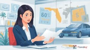 A professional woman in a business suit sitting at a desk with car posters and Florida maps in the background, discussing financial paperwork related to the Florida Motor Vehicle Dealer Bond Independent Dealer.
