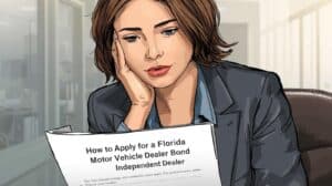 A close-up illustration of a businesswoman thoughtfully reading a document titled “How to Apply for a Florida Motor Vehicle Dealer Bond Independent Dealer” inside an office setting.