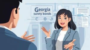 A professional woman explains the Georgia used motor vehicle dealer surety bond process to a client inside an office, highlighting trust and compliance in dealership licensing.
