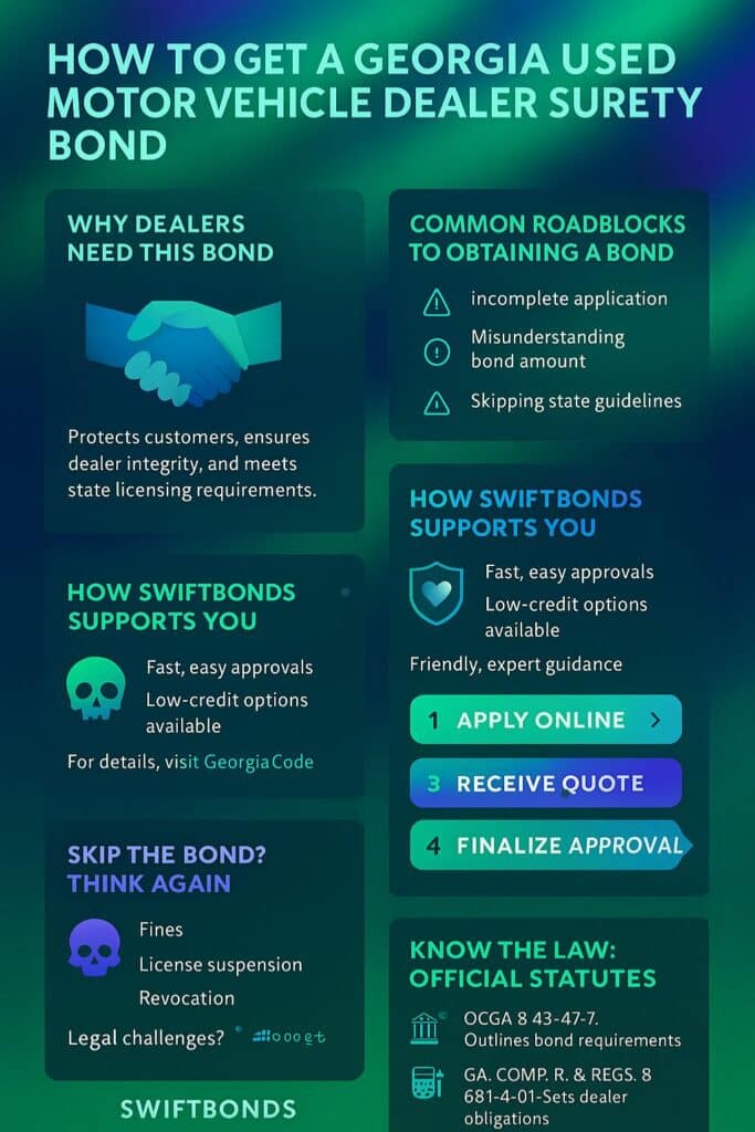 n aurora borealis-themed infographic titled “How to Get a Georgia Used Motor Vehicle Dealer Surety Bond,” explaining bond importance, common roadblocks, Swiftbonds’ process, and official Georgia statutes.