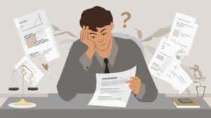 Dealer reading through DMV paperwork with confusion, surrounded by documents, charts, and legal scales symbolizing challenges in securing a Virginia Motor Vehicle Dealer Bond.