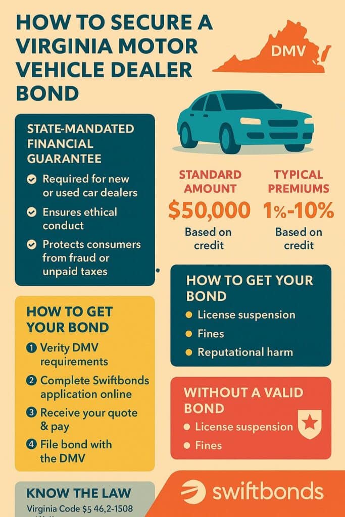 Infographic explaining how to secure a Virginia Motor Vehicle Dealer Bond, highlighting $50,000 bond amount, steps for DMV compliance, Swiftbonds application, and legal references.