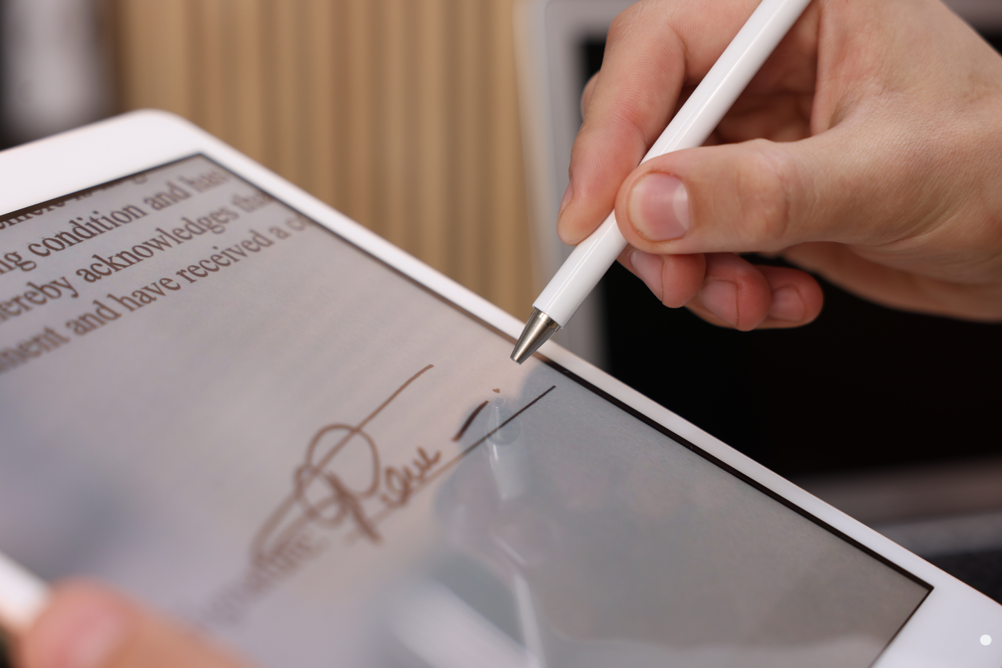 Person signing a digital document on a tablet using a stylus.