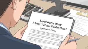 A professional businessman holding a document titled “Louisiana New Motor Vehicle Dealer Bond Application Guide” at his desk, symbolizing the start of the bonding process.