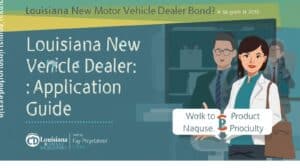 An illustrated Louisiana dealership office scene with professionals discussing the “Louisiana New Motor Vehicle Dealer Application Guide,” representing compliance and guidance in motor vehicle dealer bonding.