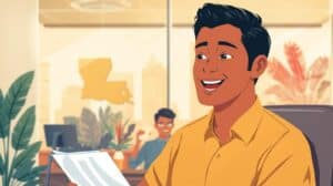 A cheerful Louisiana auto dealer in a bright, modern office with the state of Louisiana map in the background, reflecting satisfaction after securing a motor vehicle dealer bond.