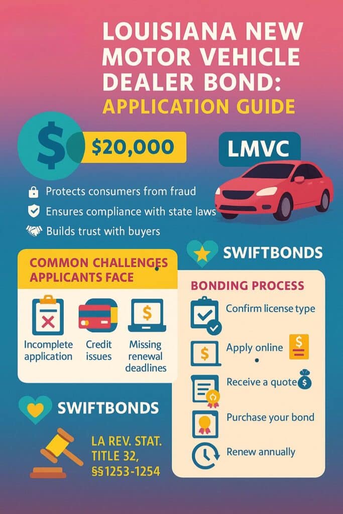 A colorful infographic titled “Louisiana New Motor Vehicle Dealer Bond: Application Guide,” displaying the $20,000 bond requirement, LMVC compliance, common challenges like incomplete applications and credit issues, and Swiftbonds’ simplified bonding process, all in vibrant gold and coral tones.
