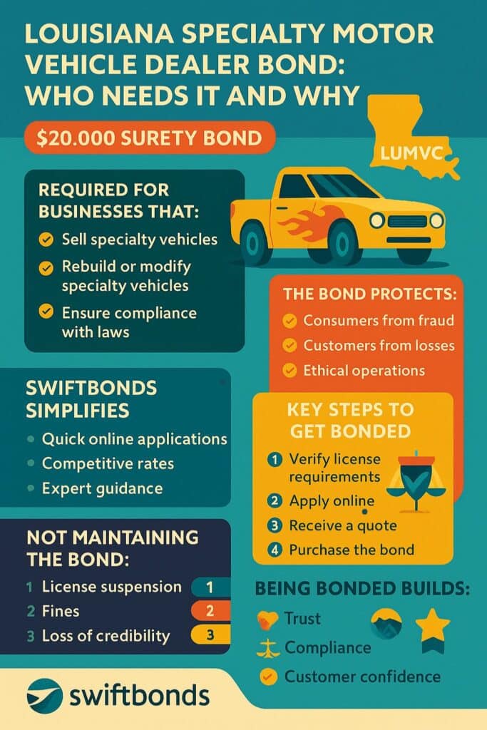 Infographic detailing the Louisiana Specialty Motor Vehicle Dealer Bond, highlighting ,000 surety bond requirement, compliance with LUMVC, consumer protection from fraud, and Swiftbonds’ simplified process.