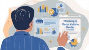 Dealer analyzing digital charts and compliance data related to the Mississippi Motor Vehicle Dealer Bond on a virtual screen in navy, gold, and magnolia tones.