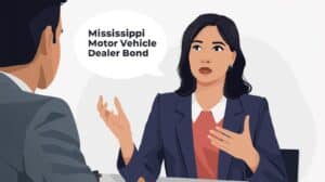 wo professionals discussing Mississippi Motor Vehicle Dealer Bond requirements during a meeting, emphasizing bonding guidance and dealership compliance.