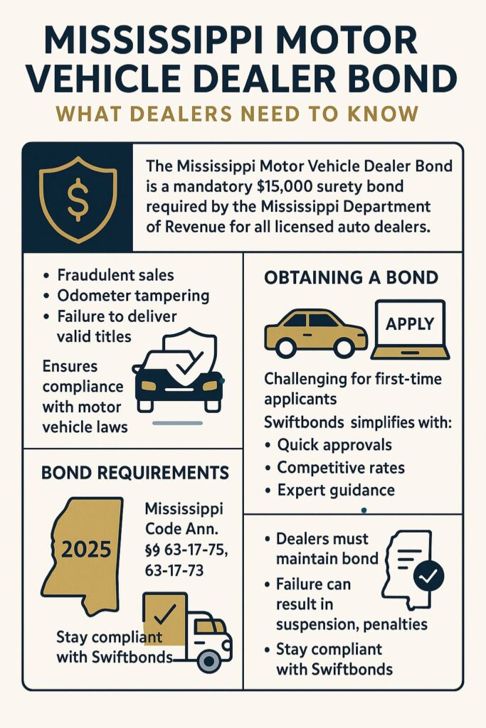 Informational infographic outlining Mississippi Motor Vehicle Dealer Bond details, including $15,000 bond requirement, Swiftbonds process, and Mississippi Code references.
