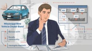 Auto dealer reviewing data and vehicle paperwork for Mississippi New Motor Vehicle Dealer Bond, highlighting financial accountability and regulatory reporting.