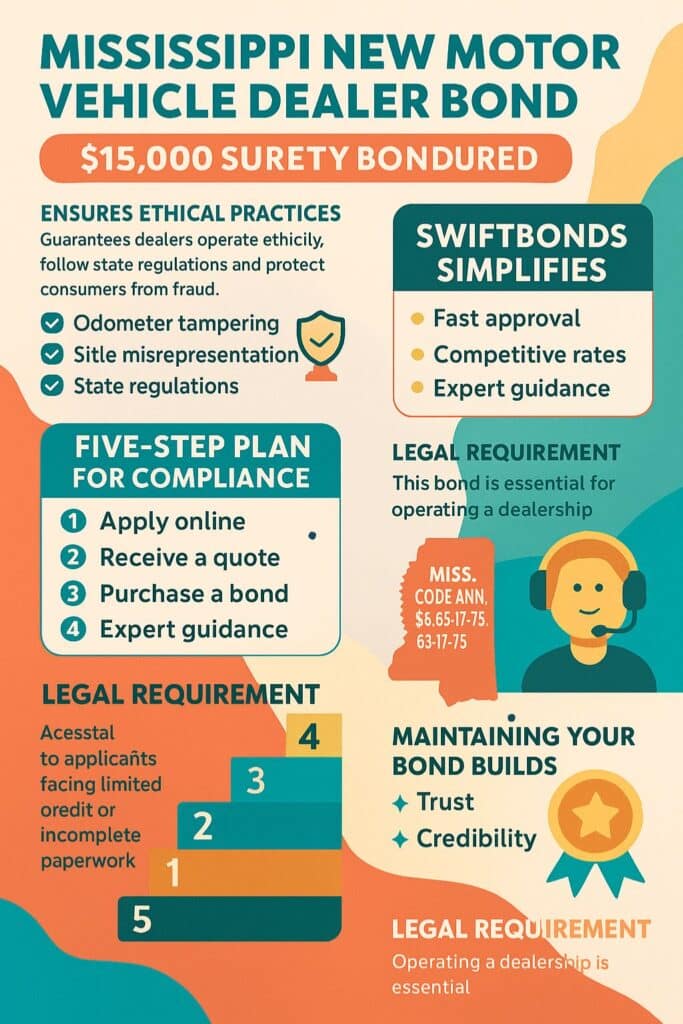Colorful infographic detailing the Mississippi New Motor Vehicle Dealer Bond process, including $15,000 bond requirement, Swiftbonds’ support, compliance steps, and legal codes.