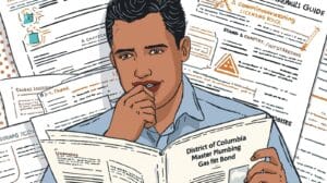 A contractor reviewing District of Columbia Master Plumber Gas Fitter Bond documents, surrounded by licensing papers, symbolizing the bonding and approval process in Washington D.C.