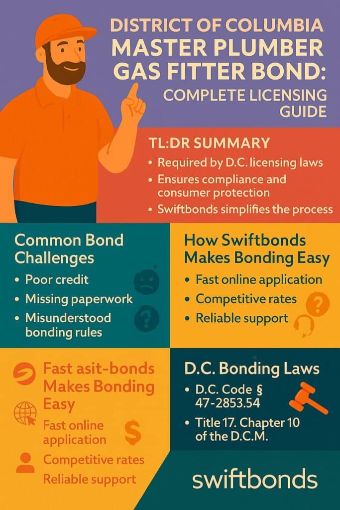 A colorful infographic titled ‘District of Columbia Master Plumber Gas Fitter Bond: Complete Licensing Guide’ summarizing bonding requirements, challenges, Swiftbonds’ support, and D.C. bonding laws.