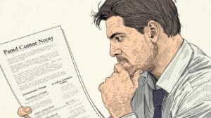 Male contractor carefully reading official plumber bond paperwork to ensure legal compliance.