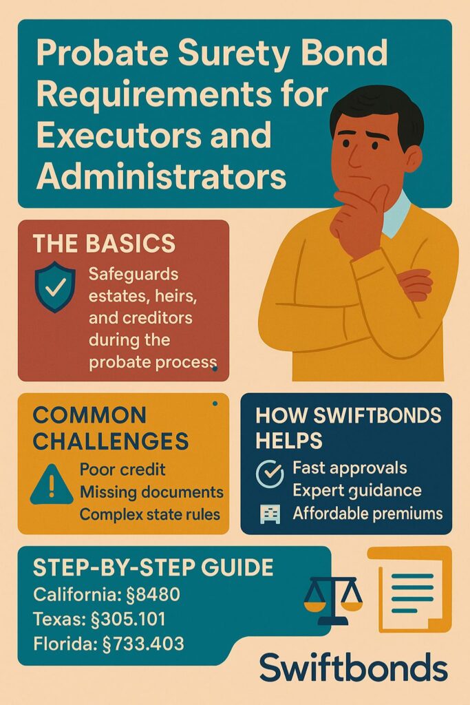 Infographic explaining probate surety bond requirements for executors and administrators, including common challenges, state statutes, and Swiftbonds’ support options.
