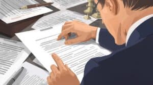 Executor reviewing probate surety bond documents and legal paperwork at a desk.