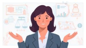 Illustration of a woman confidently reviewing estate planning and probate-related concepts with legal and financial icons in the background.