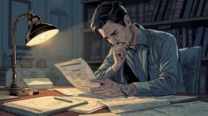 Illustration of a man intensely studying probate documents at his desk under a warm desk lamp in a legal office setting.