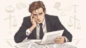 Illustration of a serious-looking man in a suit reviewing legal documents with icons of scales and legal symbols behind him.
