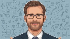 Illustration of a professional man in a suit smiling with various legal and financial icons in the background.