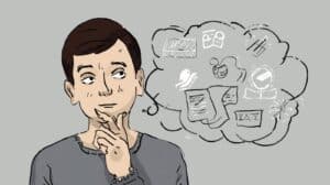 Illustration of a thoughtful man considering legal and financial concepts shown as sketched icons above him.