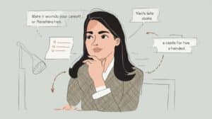 Illustration of a woman analyzing paperwork and workflow steps with arrows and icons in the background.