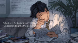 Illustration of a stressed man reviewing probate paperwork, representing the challenges of understanding probate bond waiver rules.