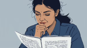 Illustration of a woman reading legal documents with a thoughtful expression, symbolizing the process of evaluating probate bond requirements and waiver eligibility.