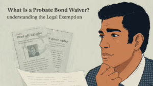 Illustration of a man analyzing estate paperwork while considering probate bond waiver options and legal requirements.
