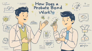 Illustration of two people discussing how a probate bond works with financial icons in the background.